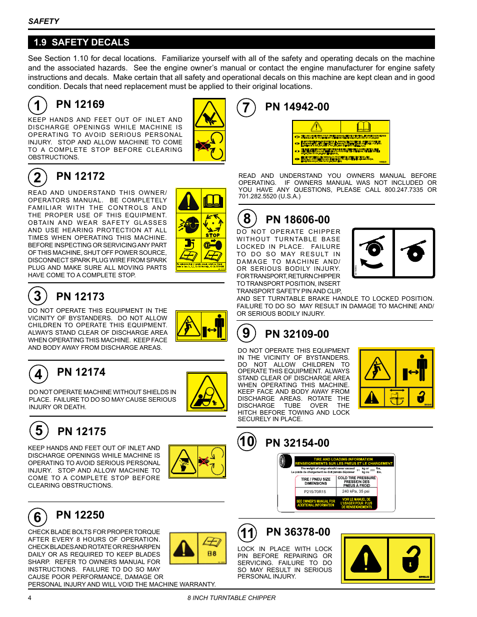 9 safety decals | Echo CH8720iH Owners Manual v.1 User Manual | Page 8 / 35