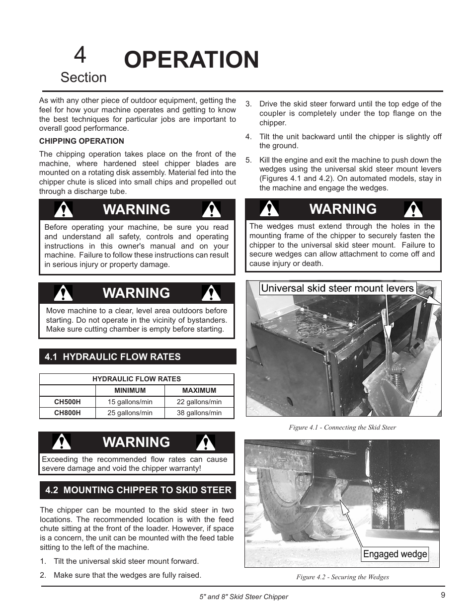 Operation, 1 hydraulic flow rates, 2 mounting chipper to skid steer | Operation 4, Warning | Echo CH500H Owners Manual v.3 User Manual | Page 13 / 24