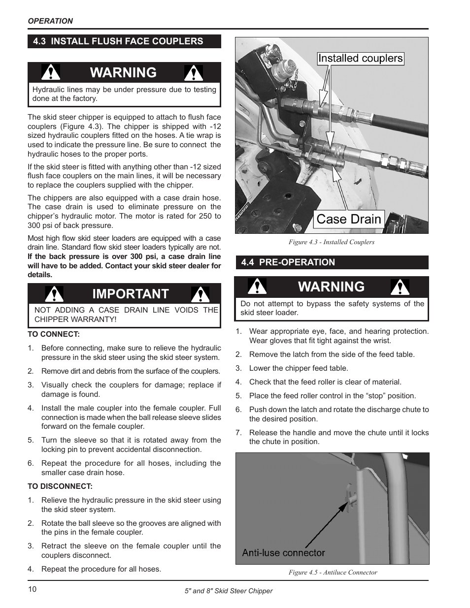 3 install flush face couplers, 4 pre-operation, 3 install flush face couplers 4.4 pre-operation | Warning, Important | Echo CH500H Owners Manual v.3 User Manual | Page 14 / 24