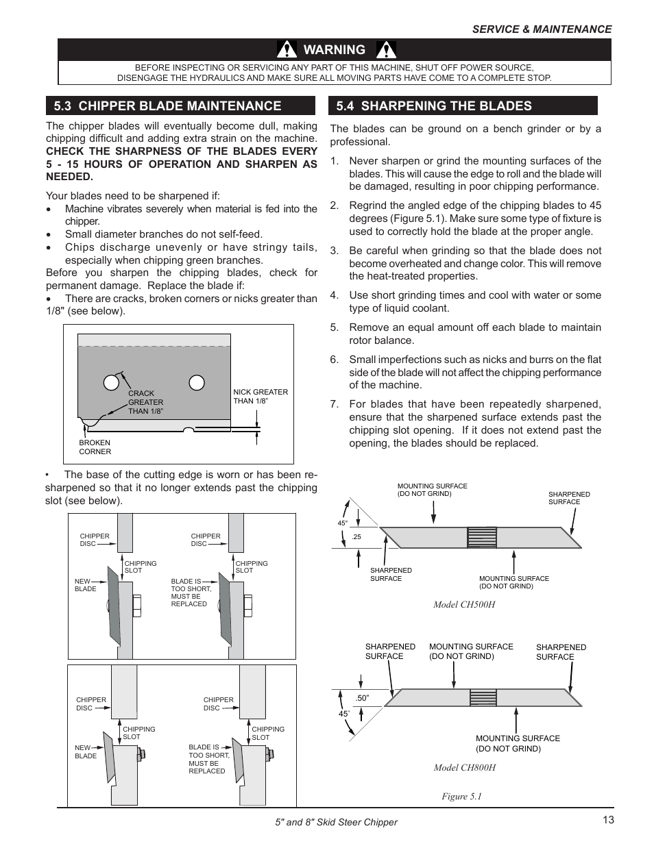 3 chipper blade maintenance, 4 sharpening the blades, Warning | Echo CH500H Owners Manual v.3 User Manual | Page 17 / 24