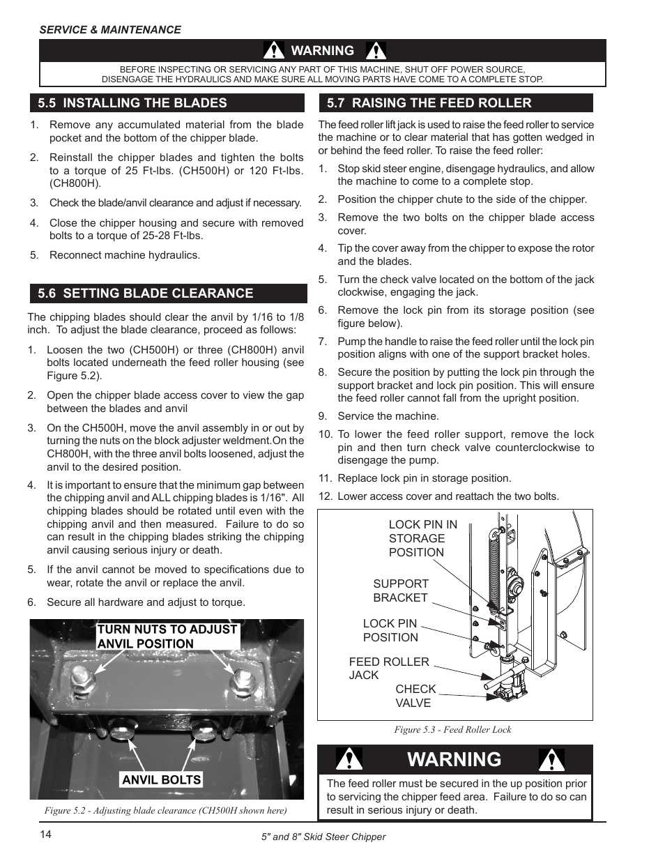 5 installing the blades, 6 setting blade clearance, 7 raising the feed roller | Warning | Echo CH500H Owners Manual v.3 User Manual | Page 18 / 24