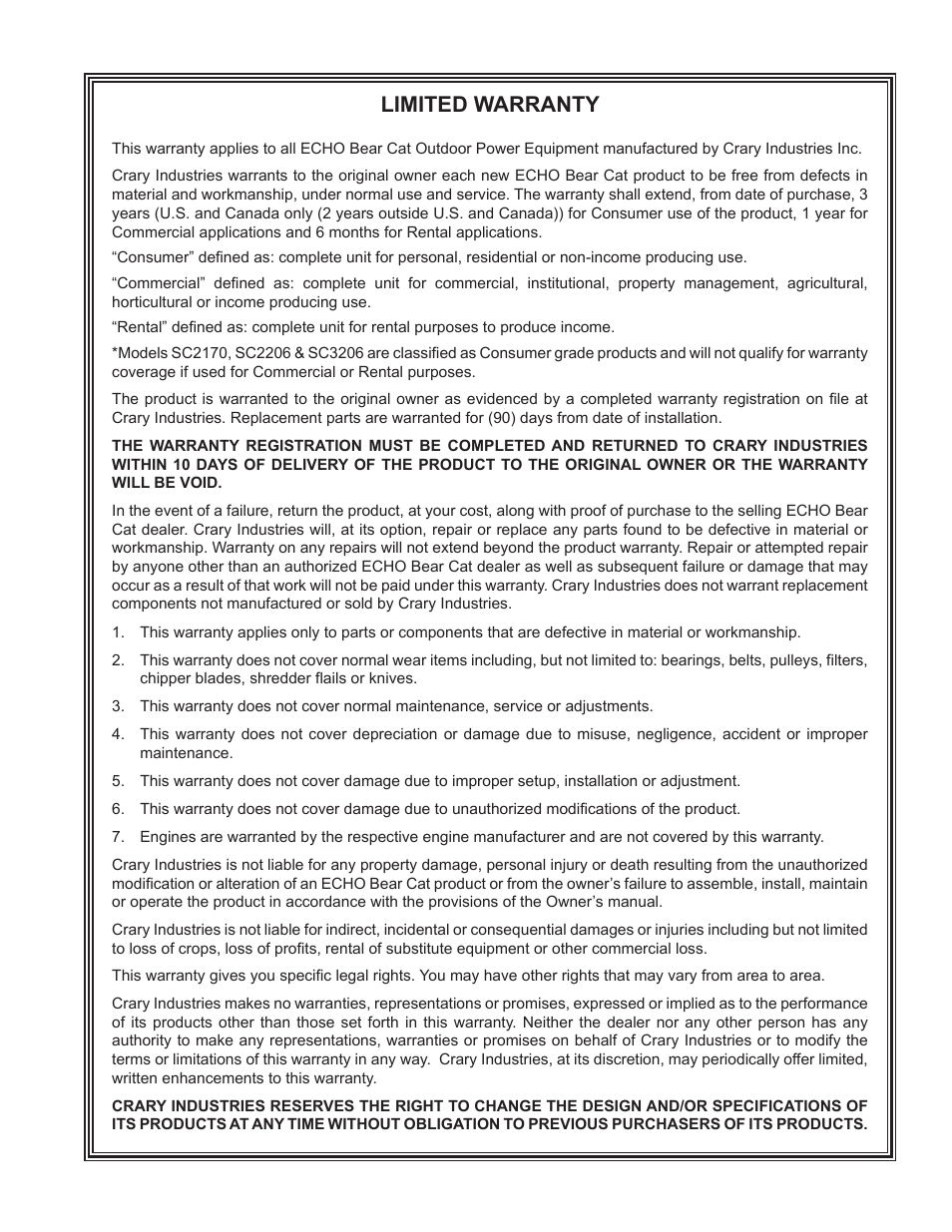 Limited warranty | Echo CH500H Owners Manual v.3 User Manual | Page 3 / 24