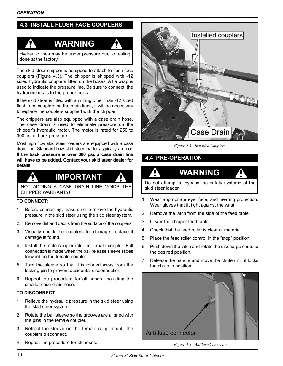 3 install flush face couplers, 4 pre-operation, 3 install flush face couplers 4.4 pre-operation | Warning, Important | Echo CH500H Owners Manual v.2 User Manual | Page 14 / 24