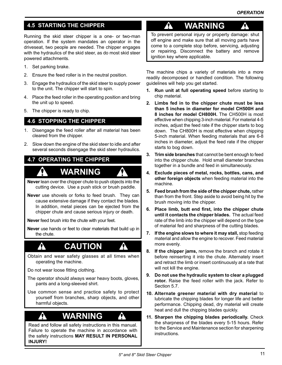 5 starting the chipper, 6 stopping the chipper, 7 operating the chipper | Warning, Caution | Echo CH500H Owners Manual v.2 User Manual | Page 15 / 24