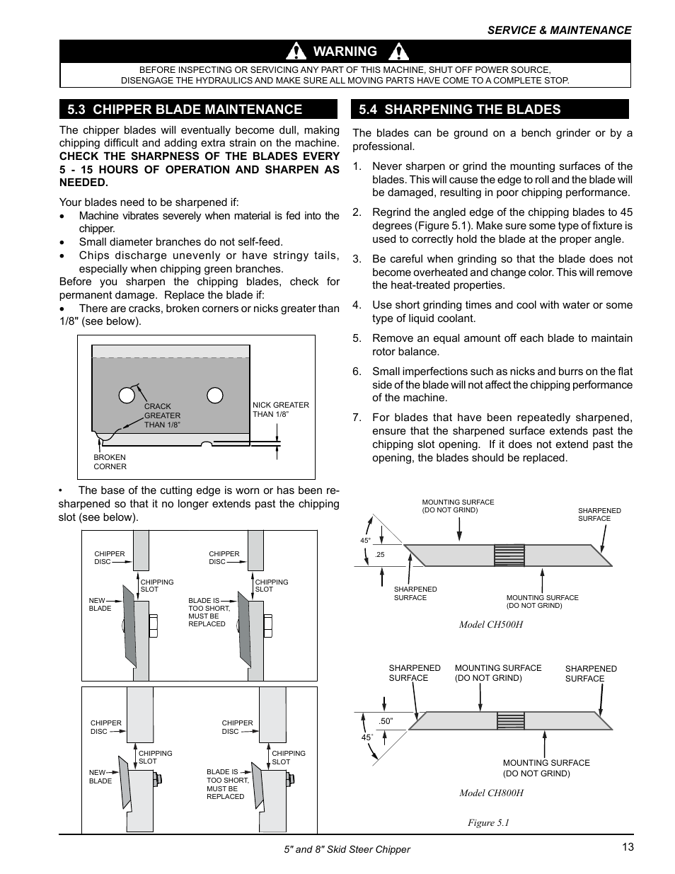 3 chipper blade maintenance, 4 sharpening the blades, Warning | Echo CH500H Owners Manual v.2 User Manual | Page 17 / 24