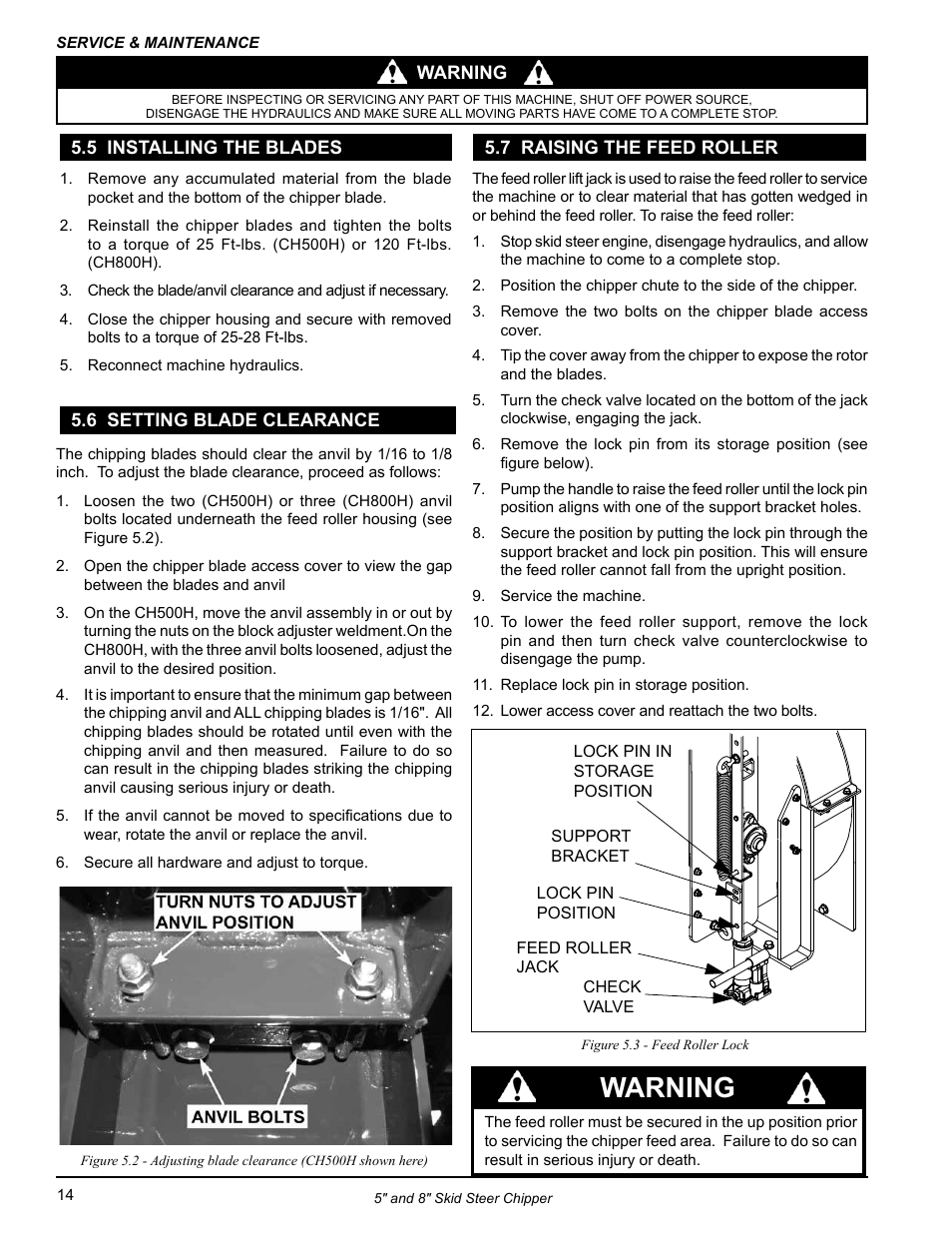 5 installing the blades, 6 setting blade clearance, 7 raising the feed roller | Warning | Echo CH500H Owners Manual v.2 User Manual | Page 18 / 24