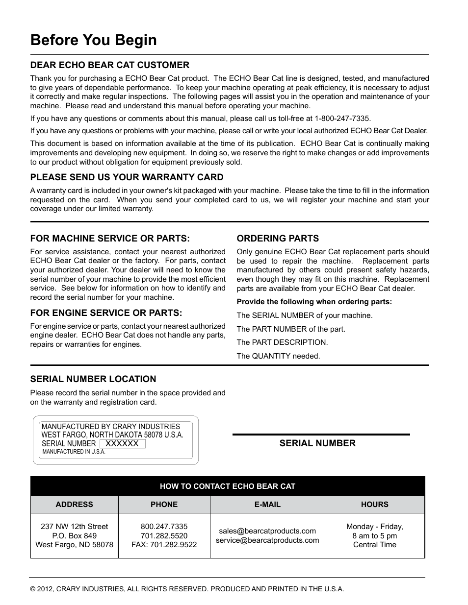 Before you begin | Echo CH500H Owners Manual v.2 User Manual | Page 2 / 24