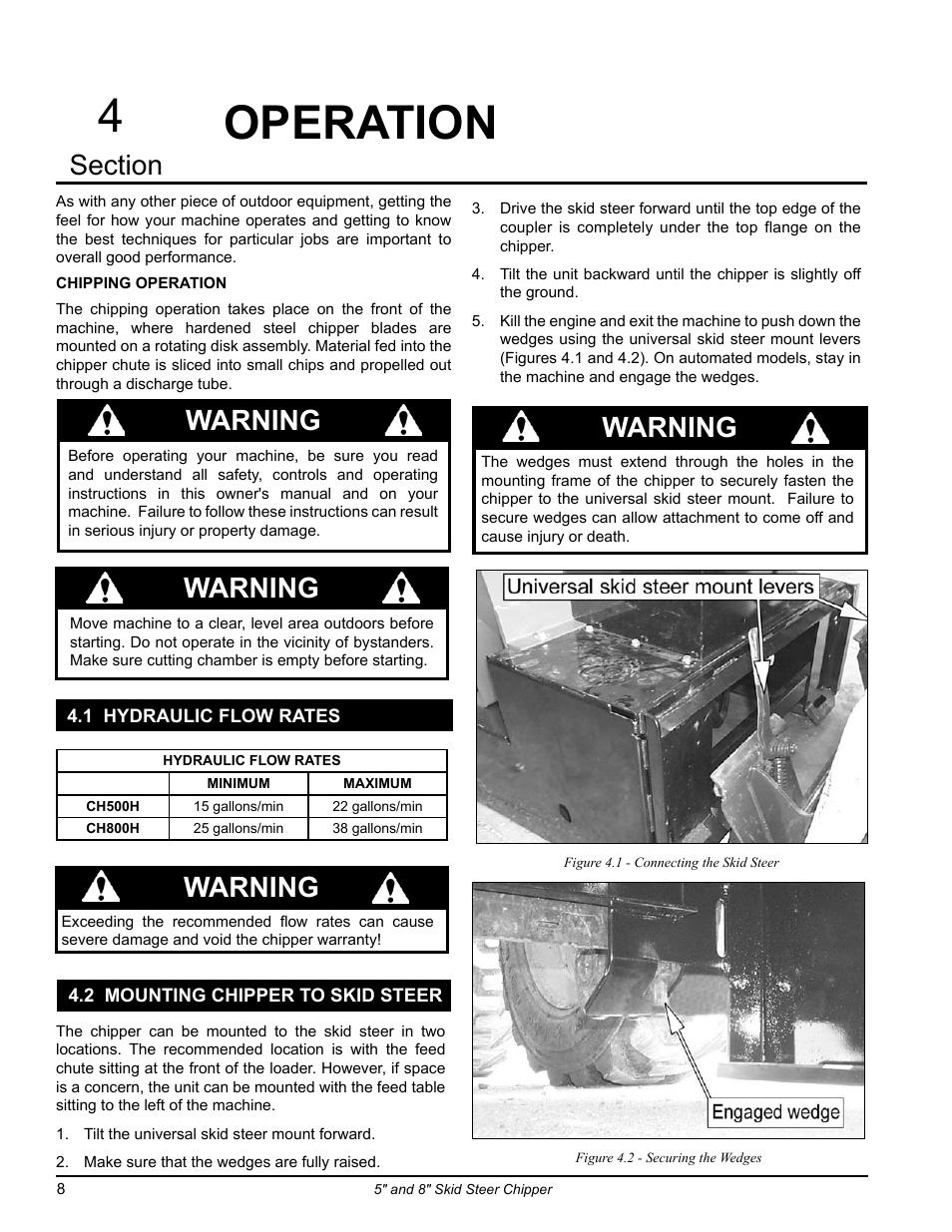 1 hydraulic flow rates, 2 mounting chipper to skid steer, Operation | 4operation, Warning | Echo CH500H Owners Manual v.1 User Manual | Page 12 / 24