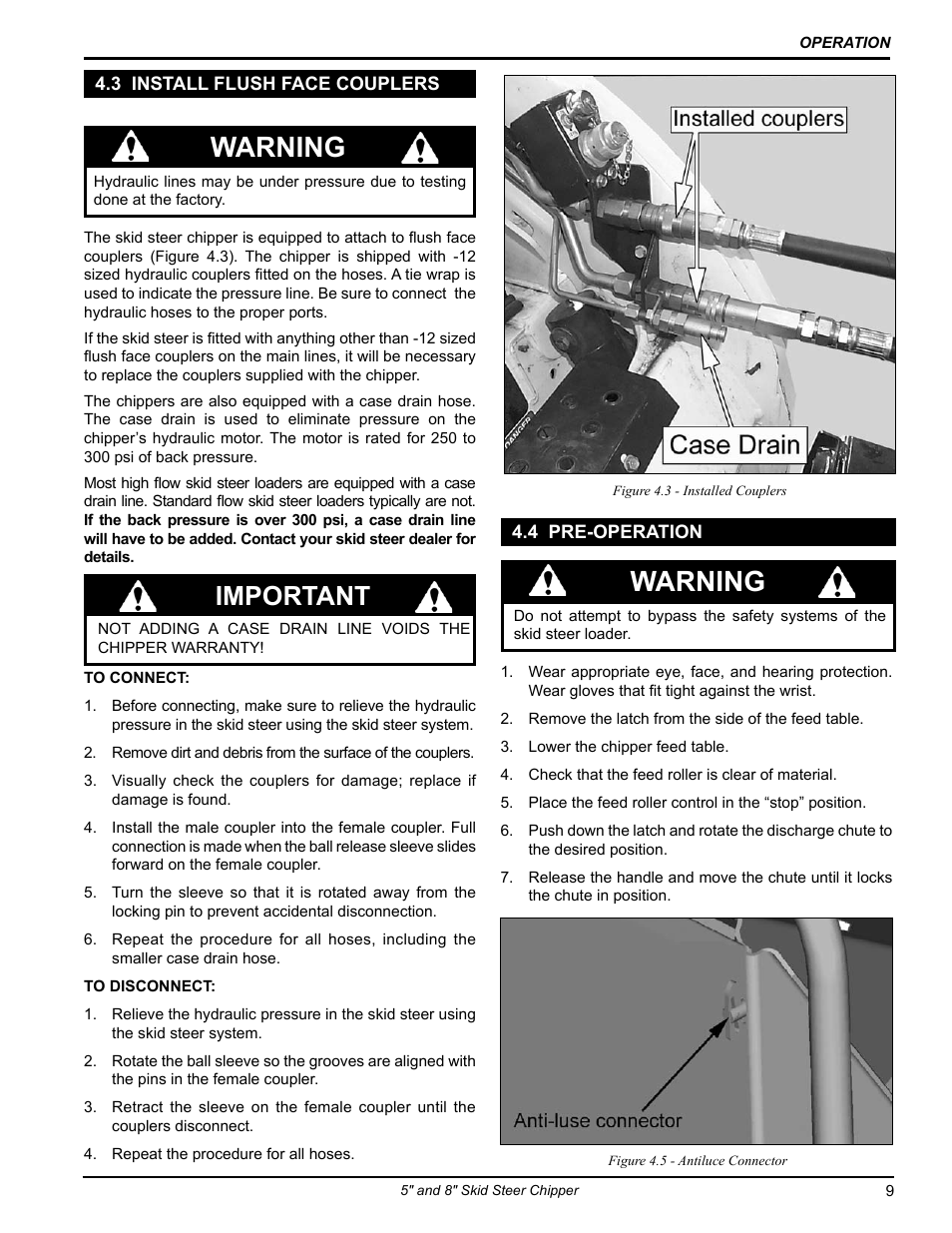 4 pre-operation, 3 install flush face couplers, 3 install flush face couplers 4.4 pre-operation | Warning, Important | Echo CH500H Owners Manual v.1 User Manual | Page 13 / 24