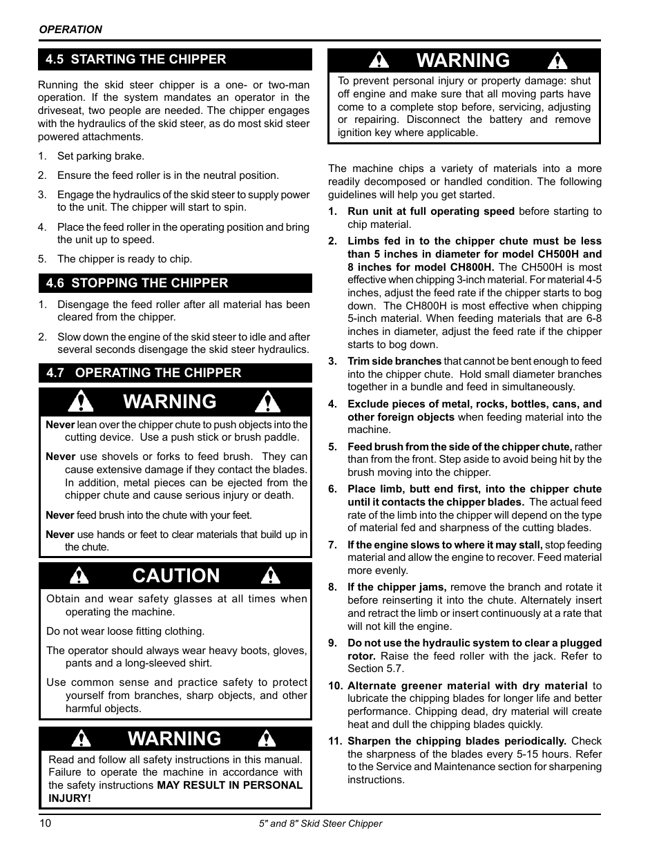 7 operating the chipper, 6 stopping the chipper, 5 starting the chipper | Warning, Caution | Echo CH500H Owners Manual v.1 User Manual | Page 14 / 24