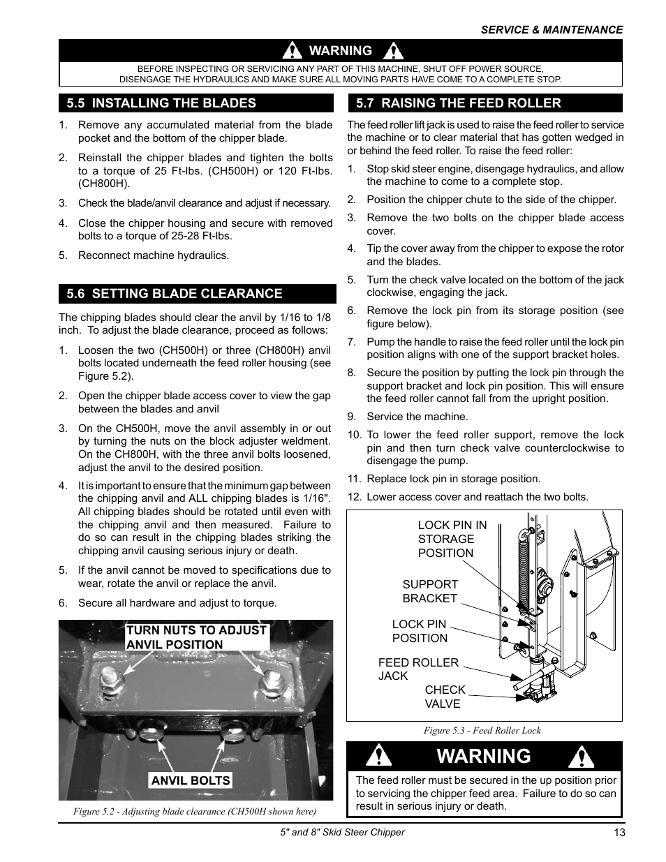 7 raising the feed roller, 6 setting blade clearance, 5 installing the blades | Warning | Echo CH500H Owners Manual v.1 User Manual | Page 17 / 24