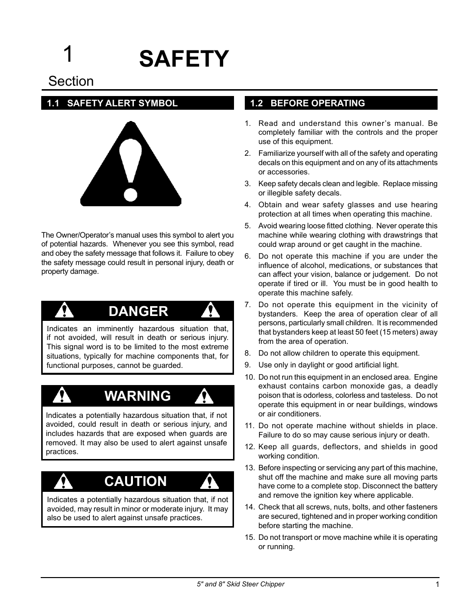 1 safety alert symbol, 2 before operating, Safety | 1 safety alert symbol 1.2 before operating, 1safety, Danger, Warning, Caution | Echo CH500H Owners Manual v.1 User Manual | Page 5 / 24