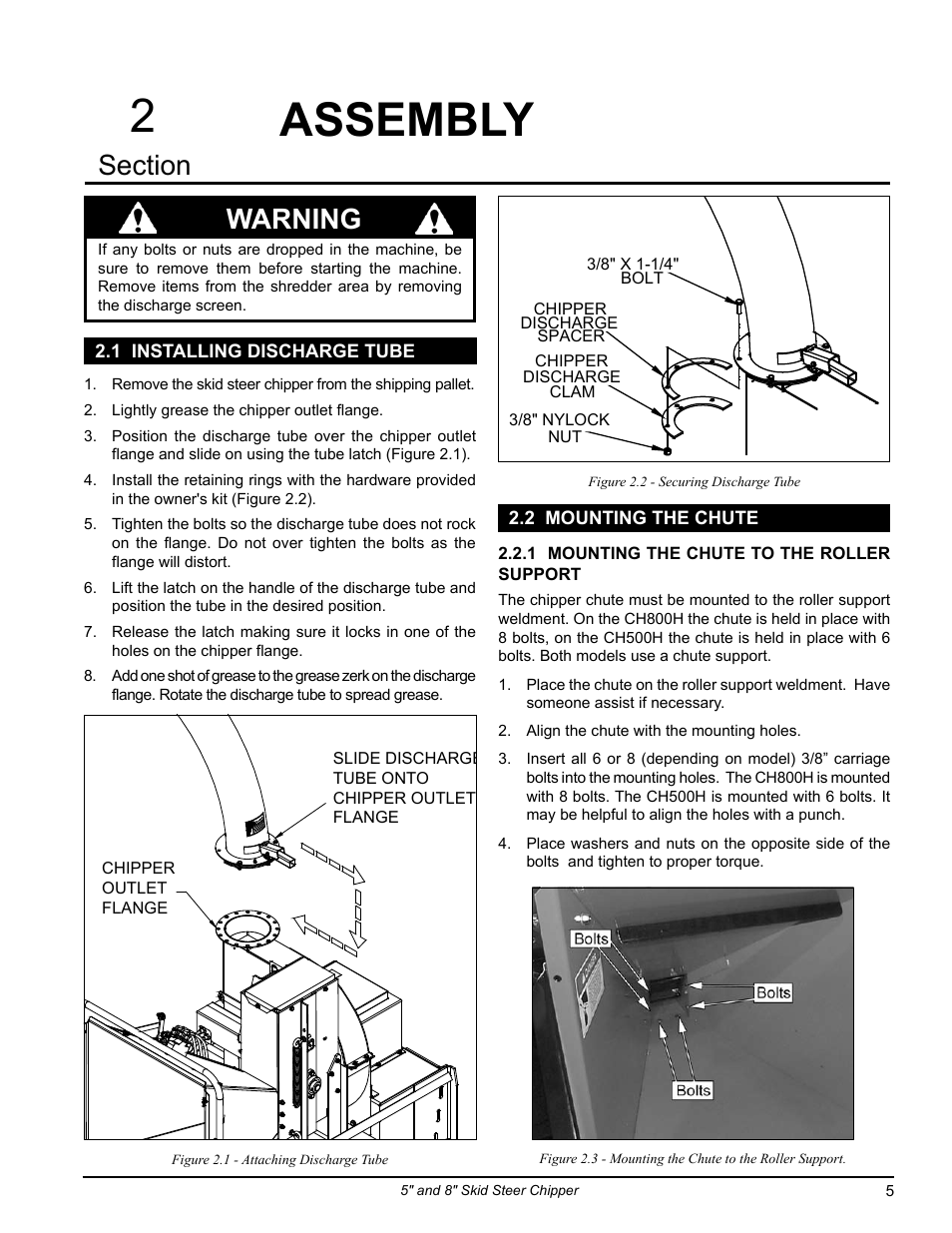 1 installing discharge tube, 2 mounting the chute, Assembly | 1 installing discharge tube 2.2 mounting the chute, 2assembly, Warning | Echo CH500H Owners Manual v.1 User Manual | Page 9 / 24