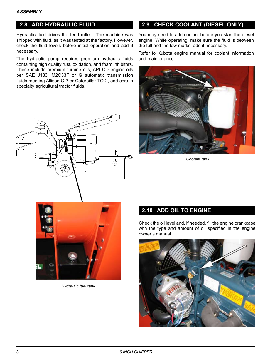 8 add hydraulic fluid, 9 check coolant (diesel only), 10 add oil to engine | Echo CH611DH Owners Manual v.4 User Manual | Page 12 / 39