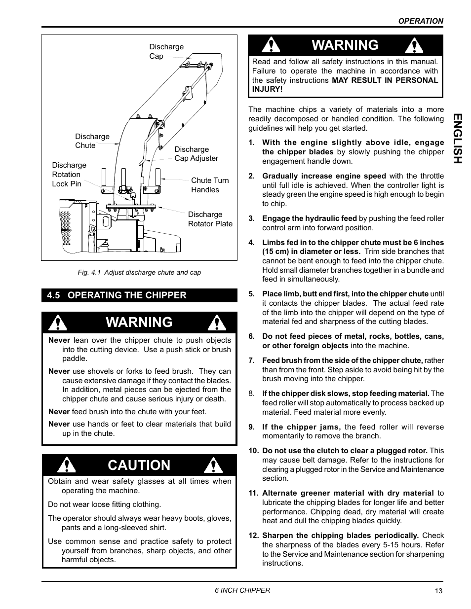 5 operating the chipper, Warning, Caution | English | Echo CH611DH Owners Manual v.4 User Manual | Page 17 / 39