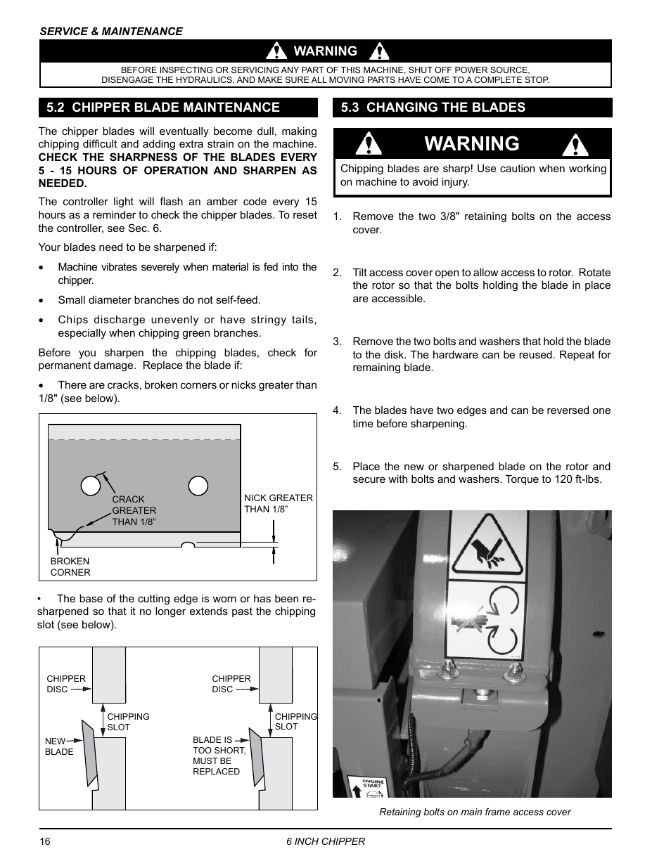 2 chipper blade maintenance, 3 changing the blades, Warning | Warning 5.2 chipper blade maintenance | Echo CH611DH Owners Manual v.4 User Manual | Page 20 / 39