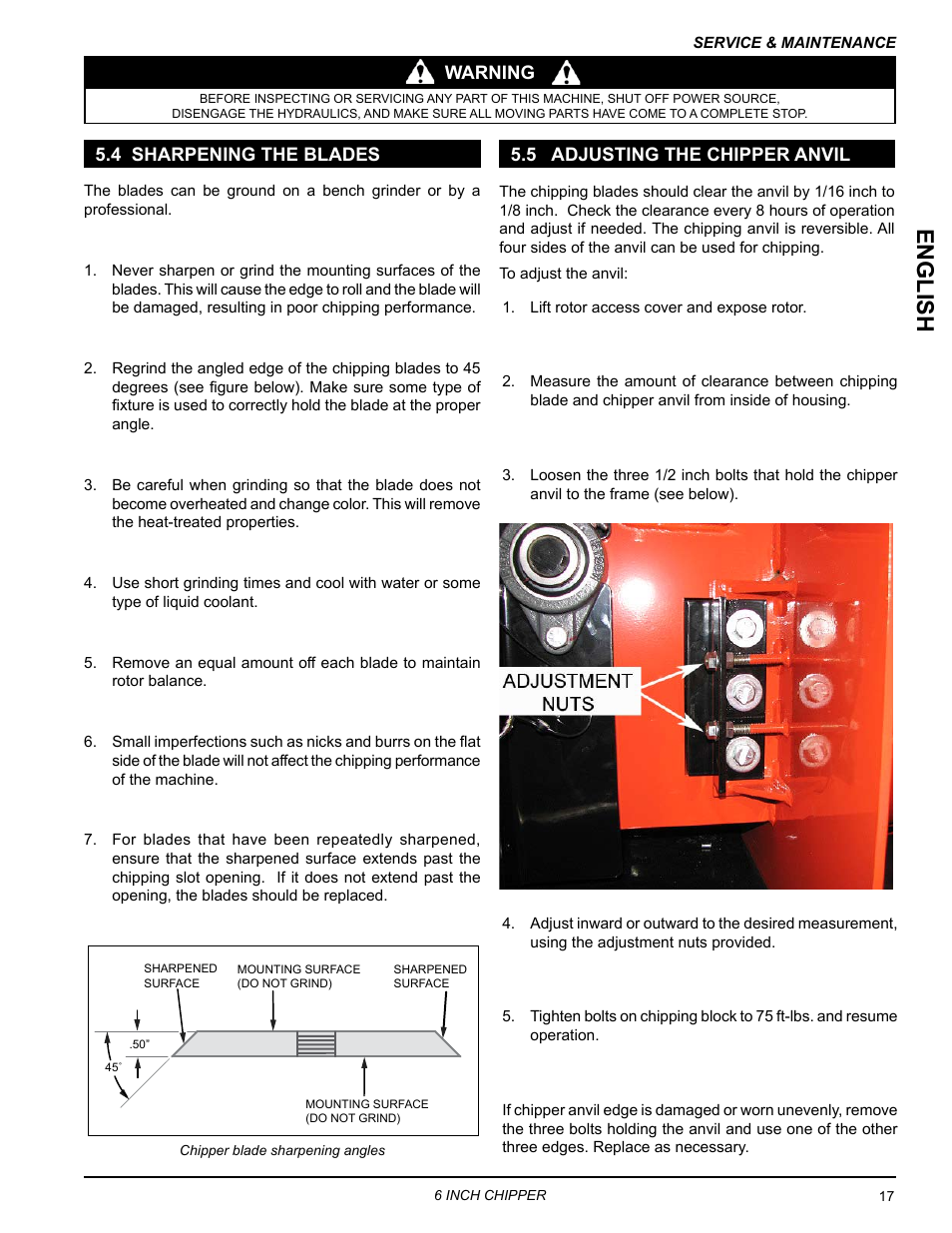 4 sharpening the blades, 5 adjusting the chipper anvil, English | Echo CH611DH Owners Manual v.4 User Manual | Page 21 / 39