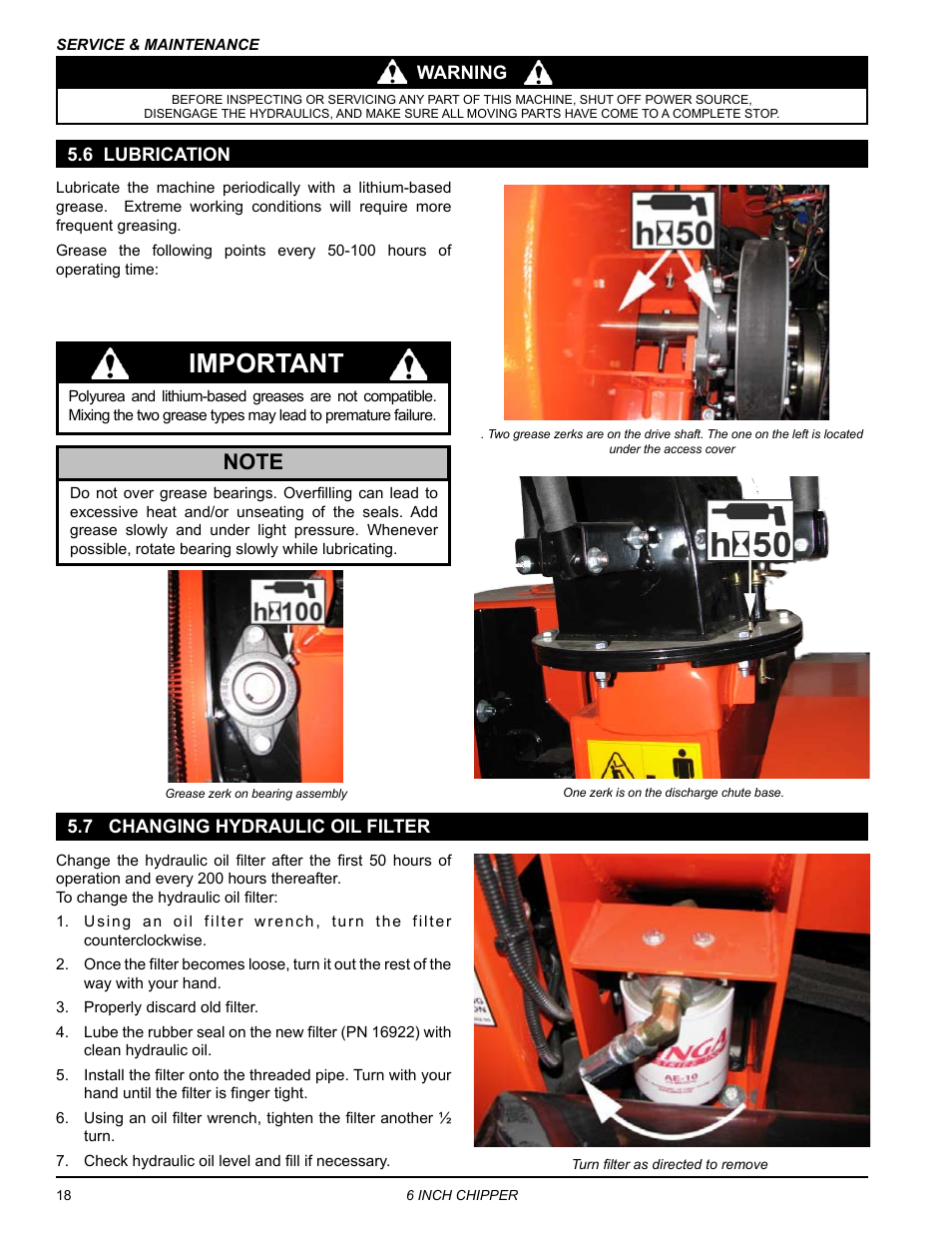 6 lubrication, 7 changing hydraulic oil filter, 6 lubrication 5.7 changing hydraulic oil filter | Important | Echo CH611DH Owners Manual v.4 User Manual | Page 22 / 39