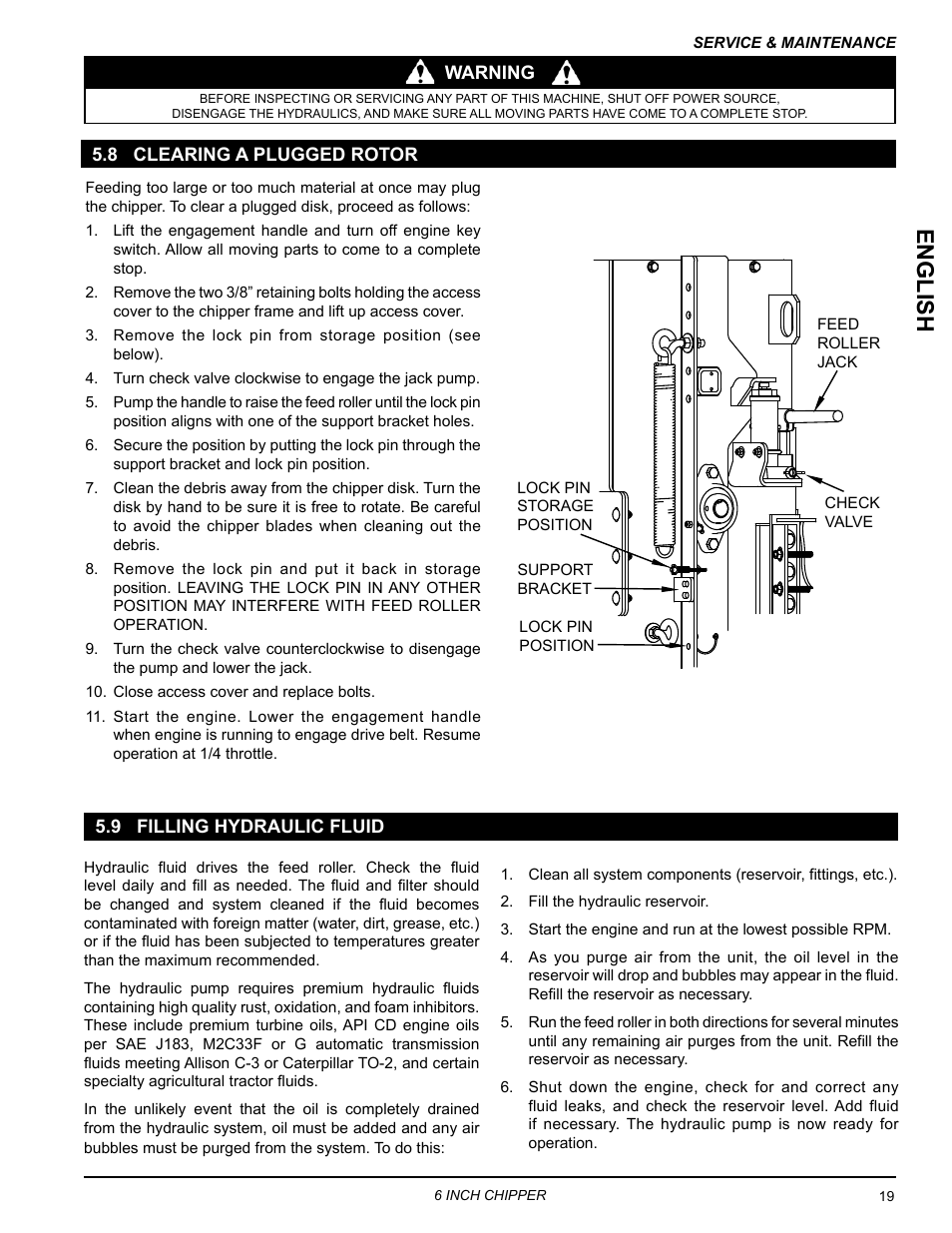 8 clearing a plugged rotor, 9 filling hydraulic fluid, English | Echo CH611DH Owners Manual v.4 User Manual | Page 23 / 39