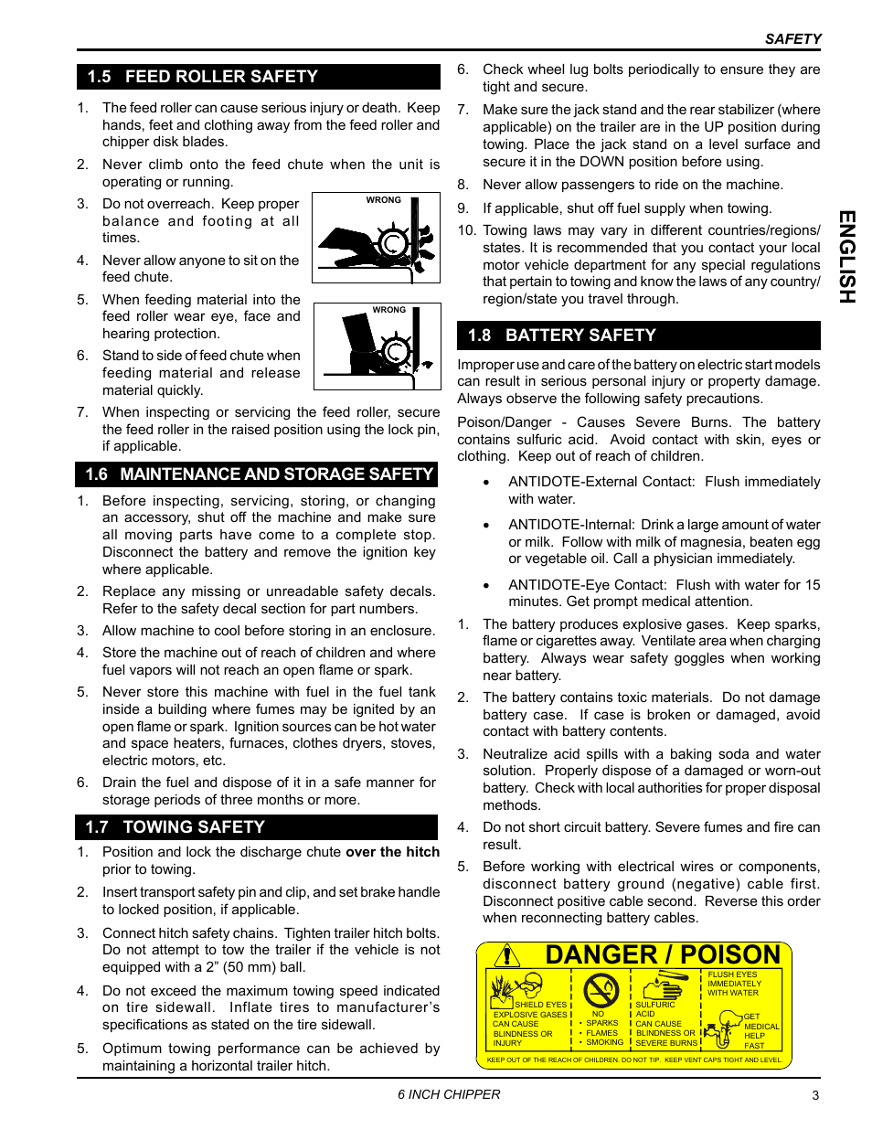 5 feed roller safety, 6 maintenance and storage safety, 7 towing safety | 8 battery safety, Danger / poison, English | Echo CH611DH Owners Manual v.4 User Manual | Page 7 / 39