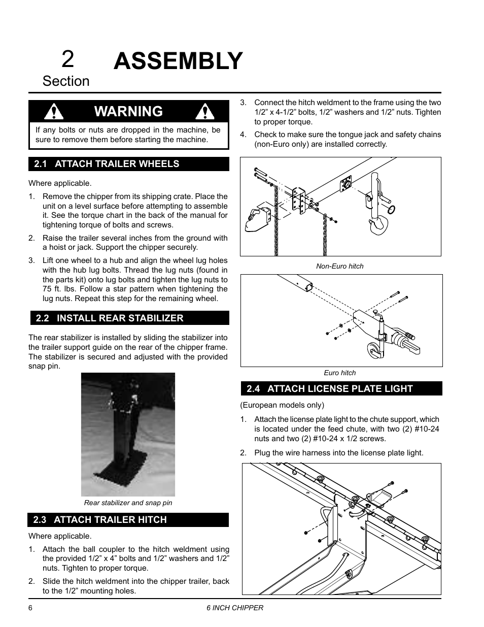 Assembly, 3 attach trailer hitch, 1 attach trailer wheels | 2 install rear stabilizer, 4 attach license plate light, Warning | Echo CH611DH Owners Manual v.3 User Manual | Page 10 / 37