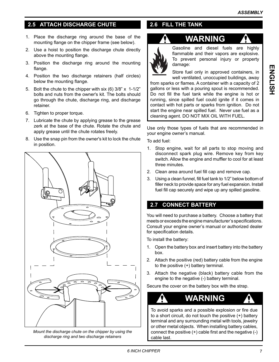 5 attach discharge chute, 6 fill the tank, 7 connect battery | Warning, English | Echo CH611DH Owners Manual v.3 User Manual | Page 11 / 37