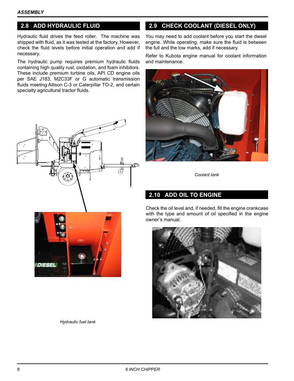 8 add hydraulic fluid, 9 check coolant (diesel only), 10 add oil to engine | Echo CH611DH Owners Manual v.3 User Manual | Page 12 / 37