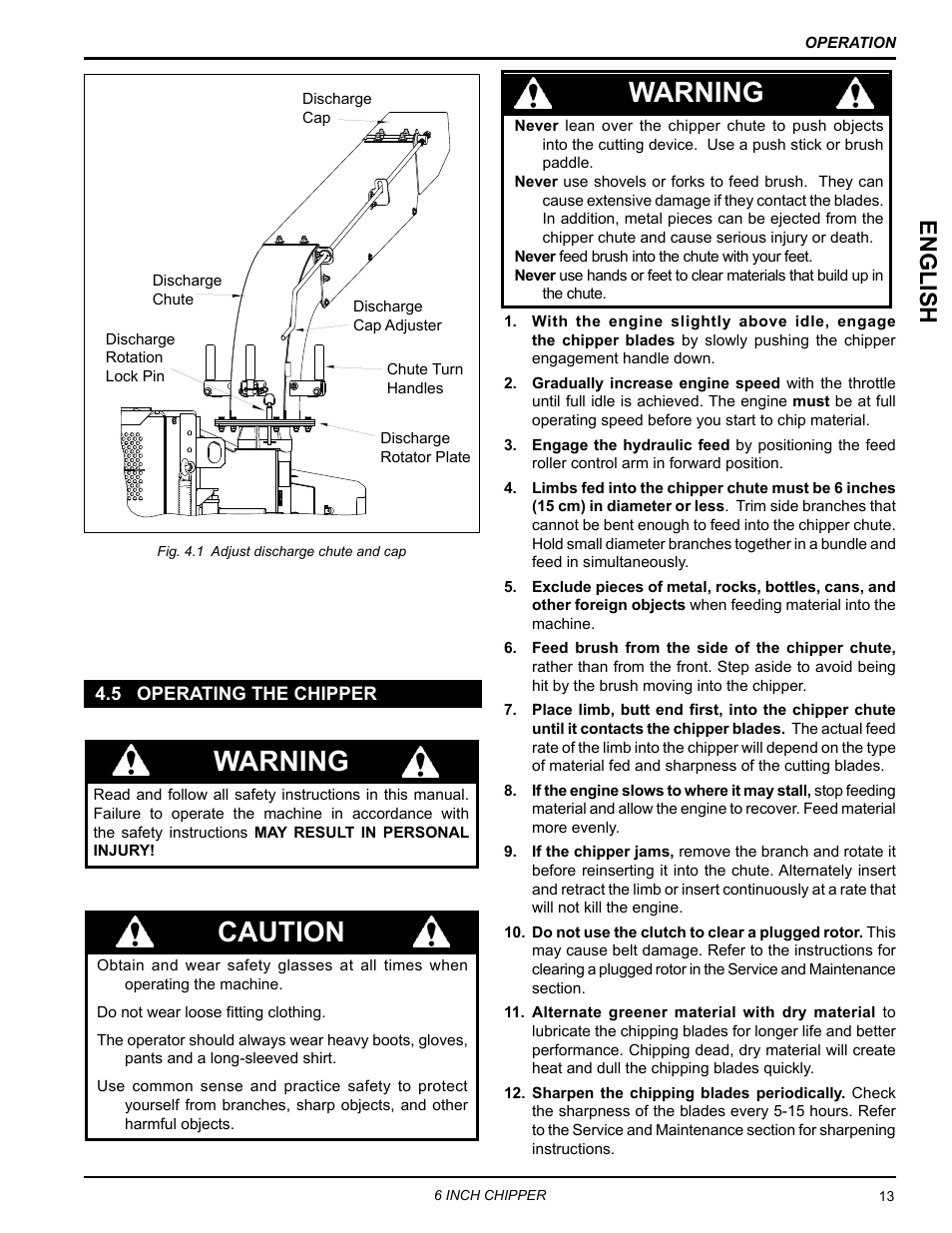 5 operating the chipper, Warning, Caution | English | Echo CH611DH Owners Manual v.3 User Manual | Page 17 / 37