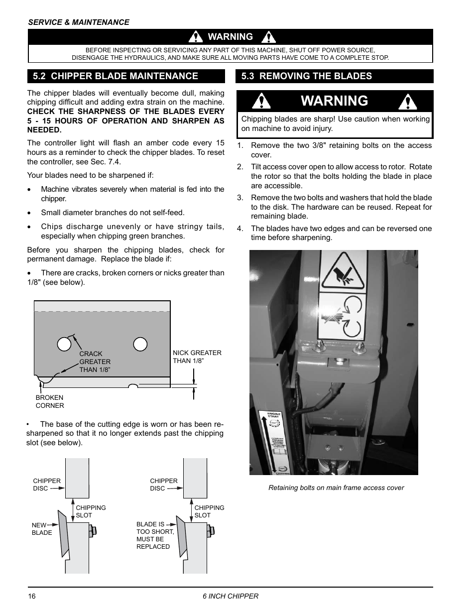 2 chipper blade maintenance, 3 removing the blades, Warning | Warning 5.2 chipper blade maintenance | Echo CH611DH Owners Manual v.3 User Manual | Page 20 / 37