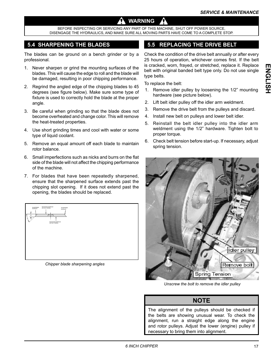 4 sharpening the blades, 5 replacing the drive belt, English | Warning | Echo CH611DH Owners Manual v.3 User Manual | Page 21 / 37