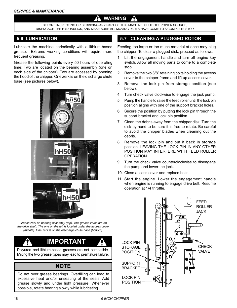 6 lubrication, 7 clearing a plugged rotor, 6 lubrication 5.7 clearing a plugged rotor | Important | Echo CH611DH Owners Manual v.3 User Manual | Page 22 / 37