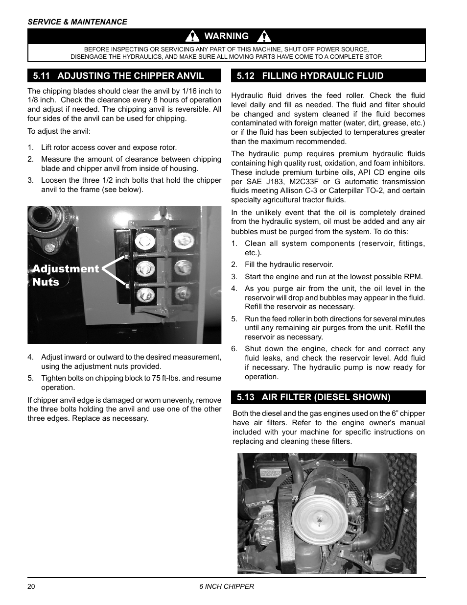 11 adjusting the chipper anvil, 12 filling hydraulic fluid, 13 air filter (diesel shown) | Adjustment nuts | Echo CH611DH Owners Manual v.3 User Manual | Page 24 / 37