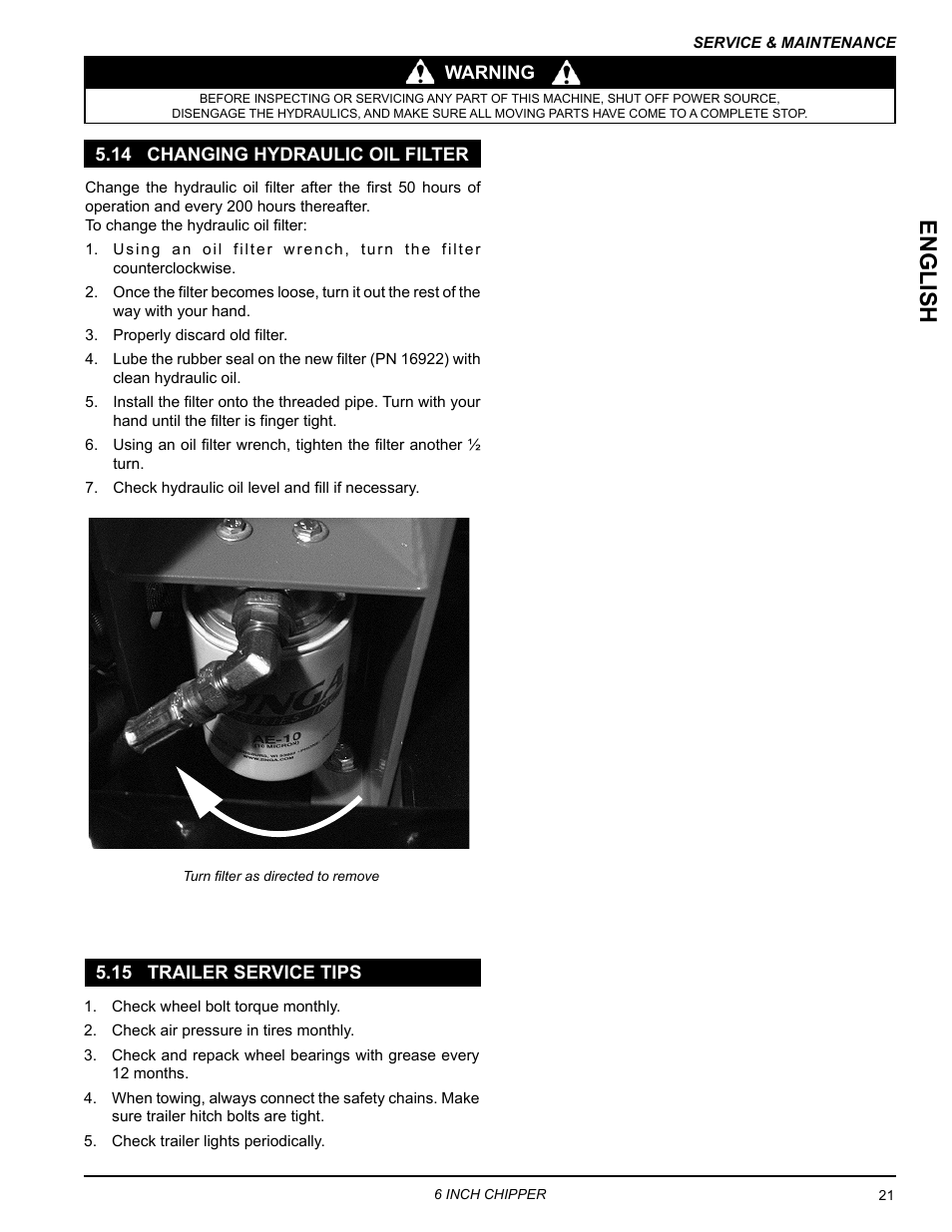 14 changing hydraulic oil filter, 15 trailer service tips, English | Echo CH611DH Owners Manual v.3 User Manual | Page 25 / 37