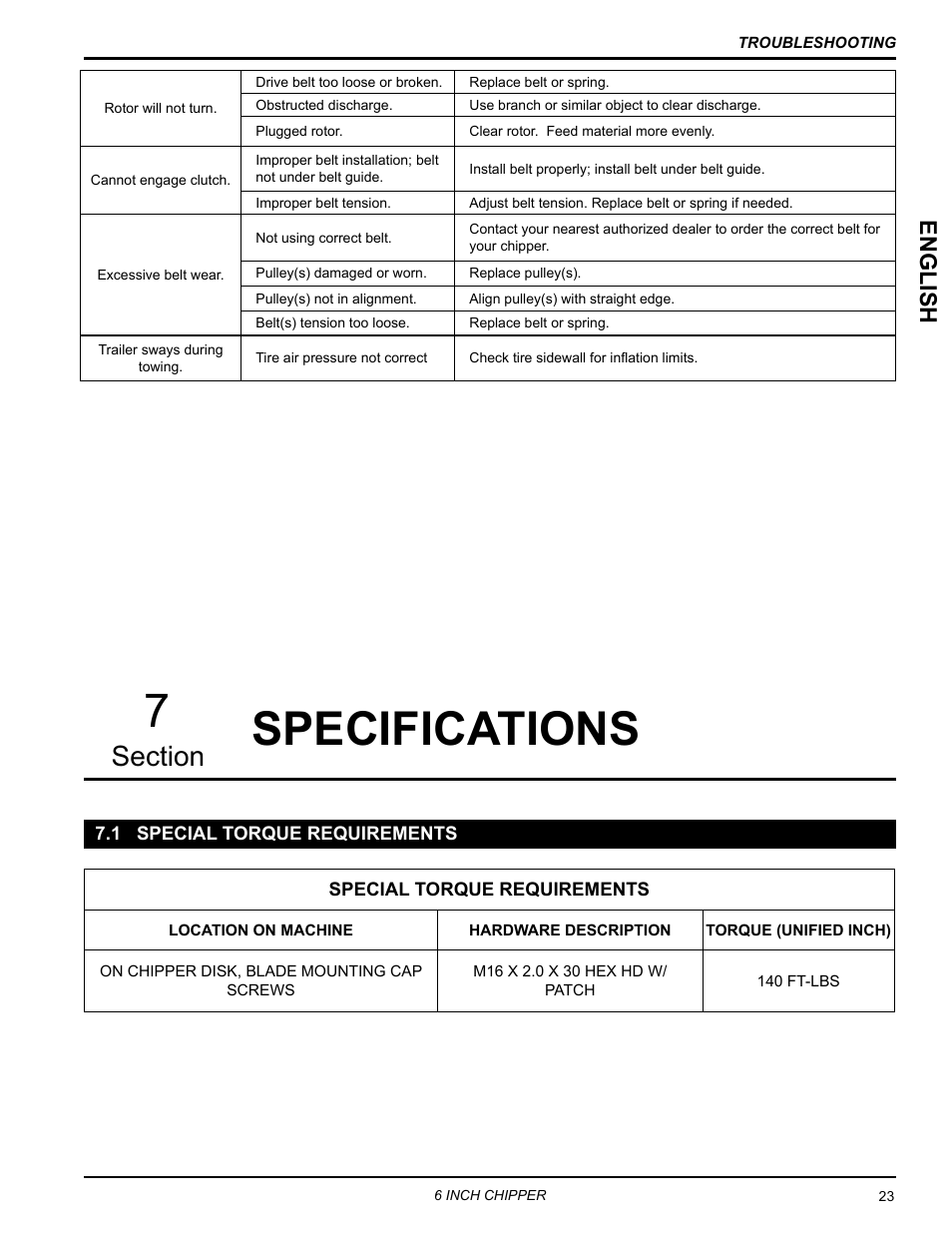 Specifications, 1 special torque requirements, Specifications 7 | English | Echo CH611DH Owners Manual v.3 User Manual | Page 27 / 37