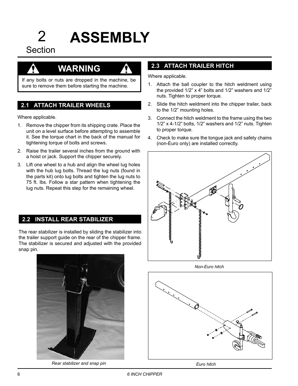 Assembly, 1 attach trailer wheels, 2 install rear stabilizer | 3 attach trailer hitch, Warning | Echo CH611DH Owners Manual v.2 User Manual | Page 10 / 34