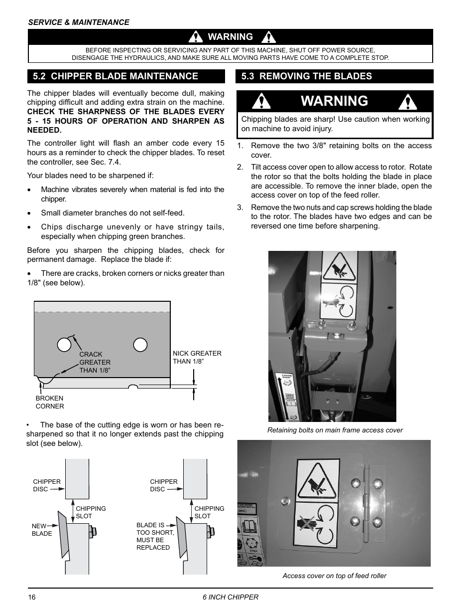 2 chipper blade maintenance, 3 removing the blades, Warning | Warning 5.2 chipper blade maintenance | Echo CH611DH Owners Manual v.2 User Manual | Page 20 / 34