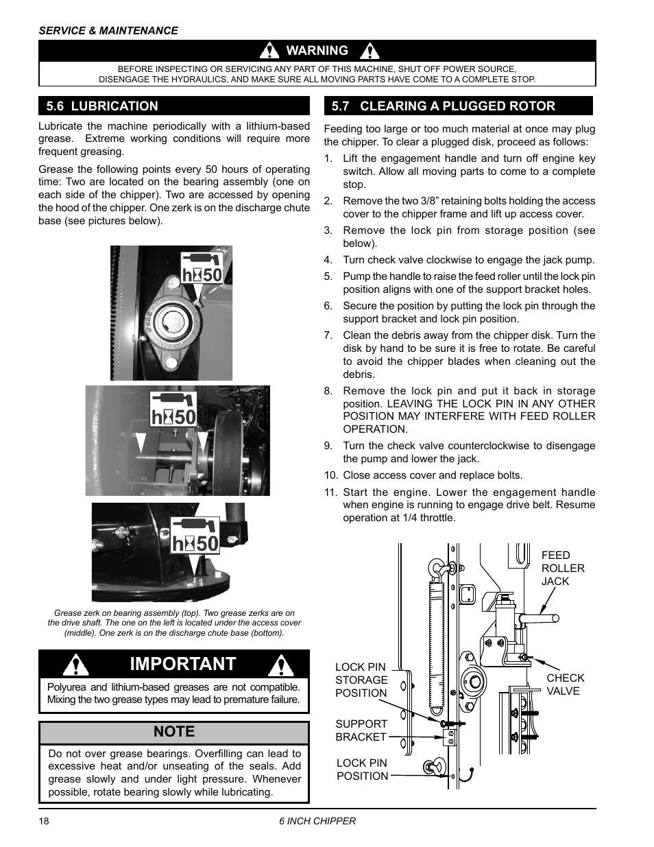 6 lubrication, 7 clearing a plugged rotor, 6 lubrication 5.7 clearing a plugged rotor | Important | Echo CH611DH Owners Manual v.2 User Manual | Page 22 / 34