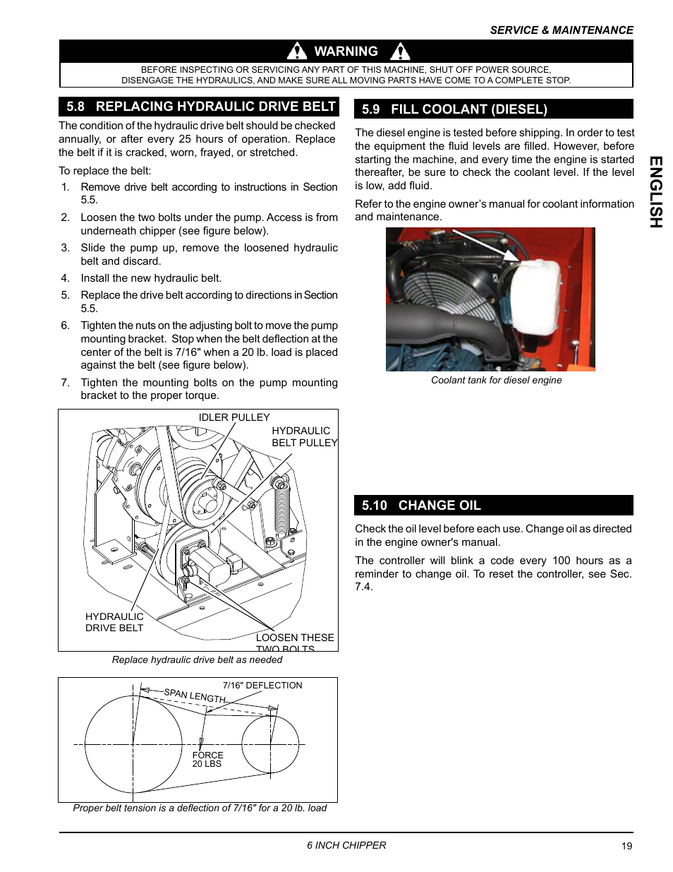 8 replacing hydraulic drive belt, 9 fill coolant (diesel), 10 change oil | English | Echo CH611DH Owners Manual v.2 User Manual | Page 23 / 34