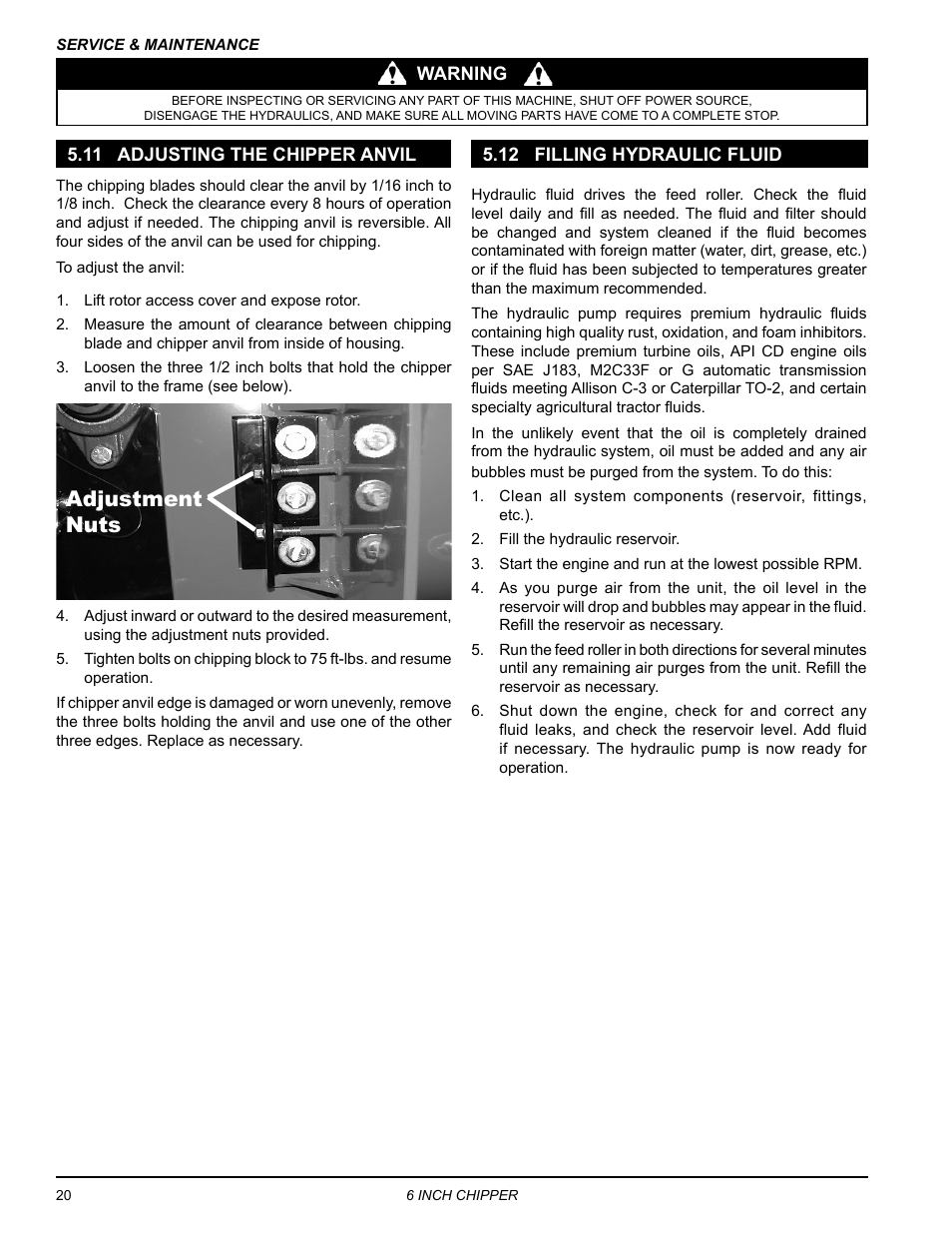 11 adjusting the chipper anvil, 12 filling hydraulic fluid, Adjustment nuts | Echo CH611DH Owners Manual v.2 User Manual | Page 24 / 34