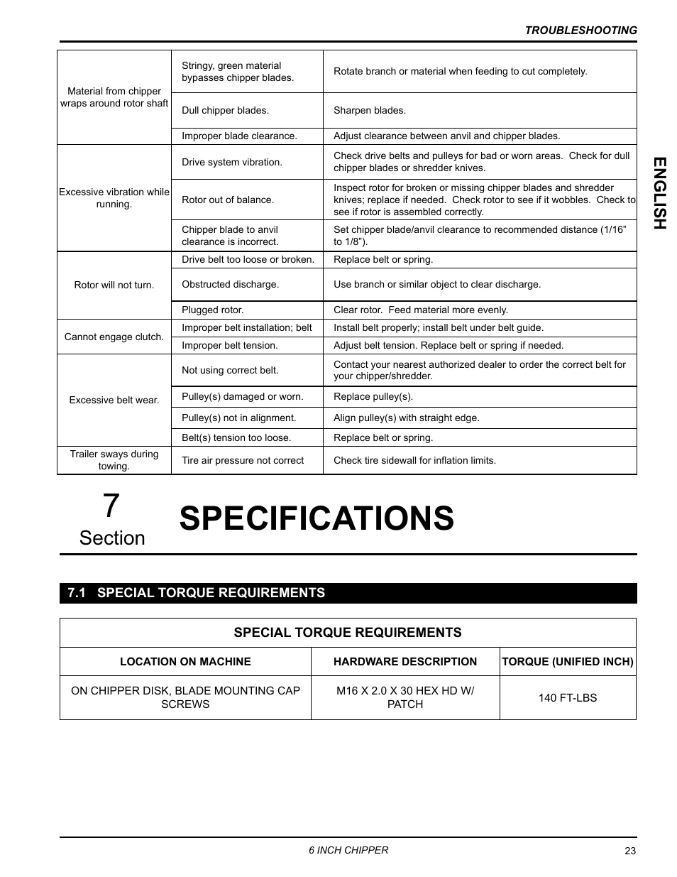 Specifications, 1 special torque requirements, Specifications 7 | English | Echo CH611DH Owners Manual v.2 User Manual | Page 27 / 34