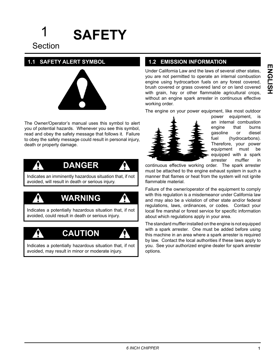 Safety, 1 safety alert symbol, 2 emission information | 1 safety alert symbol 1.2 emission information, Danger, Warning, Caution, English | Echo CH611DH Owners Manual v.2 User Manual | Page 5 / 34