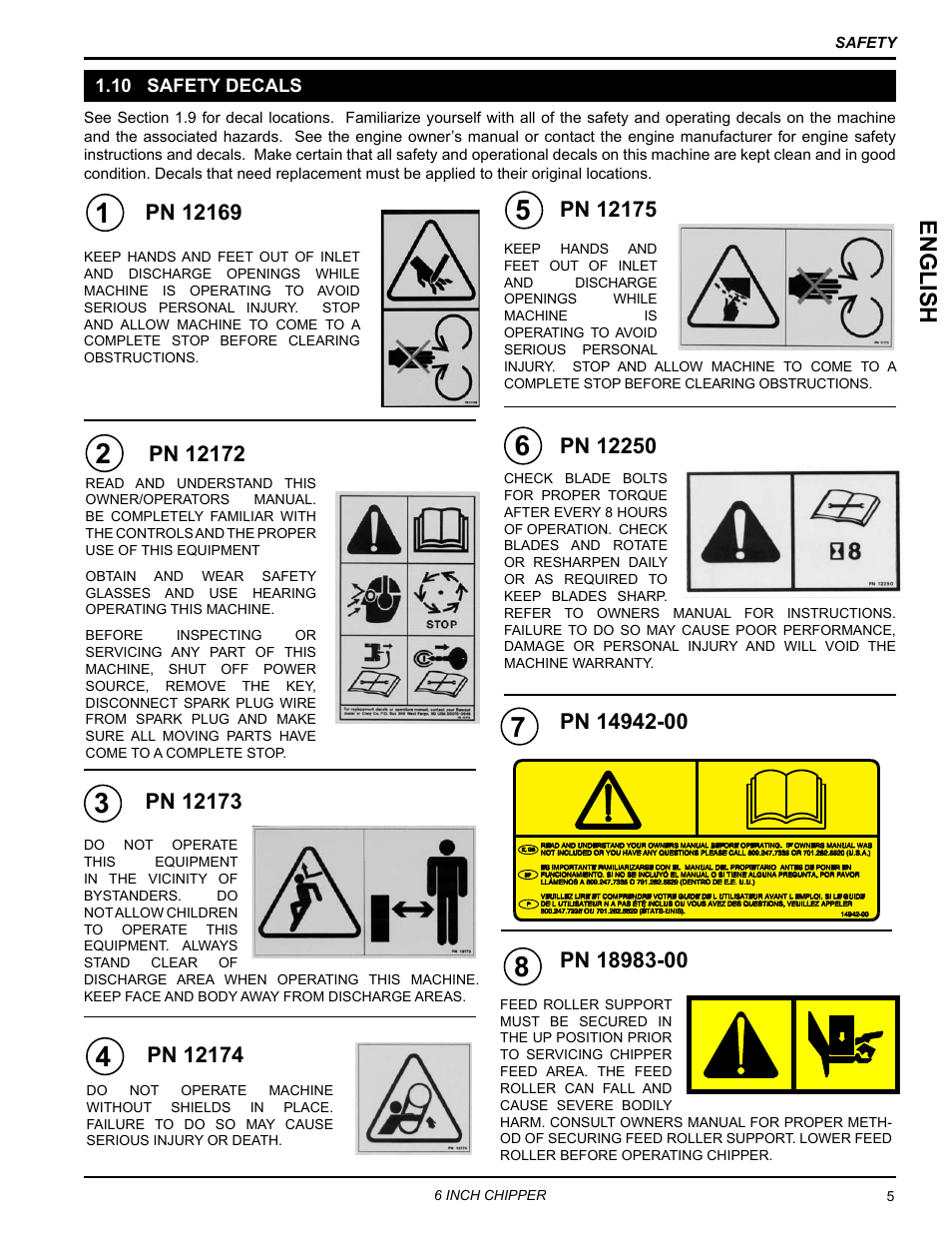 10 safety decals, English | Echo CH611DH Owners Manual v.2 User Manual | Page 9 / 34