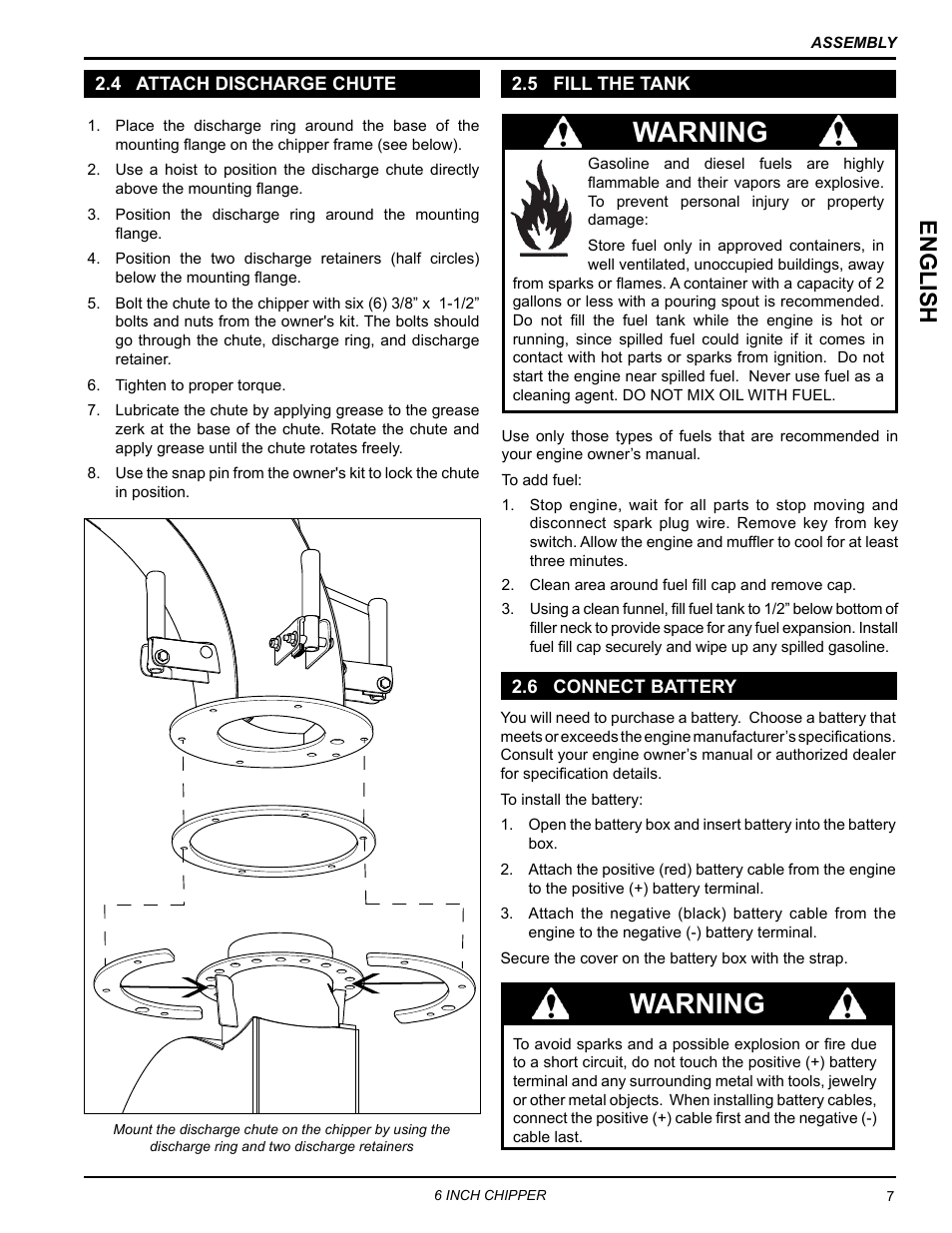 4 attach discharge chute, 5 fill the tank, 6 connect battery | Warning, English | Echo 76624 Owners Manual v.4 User Manual | Page 11 / 38
