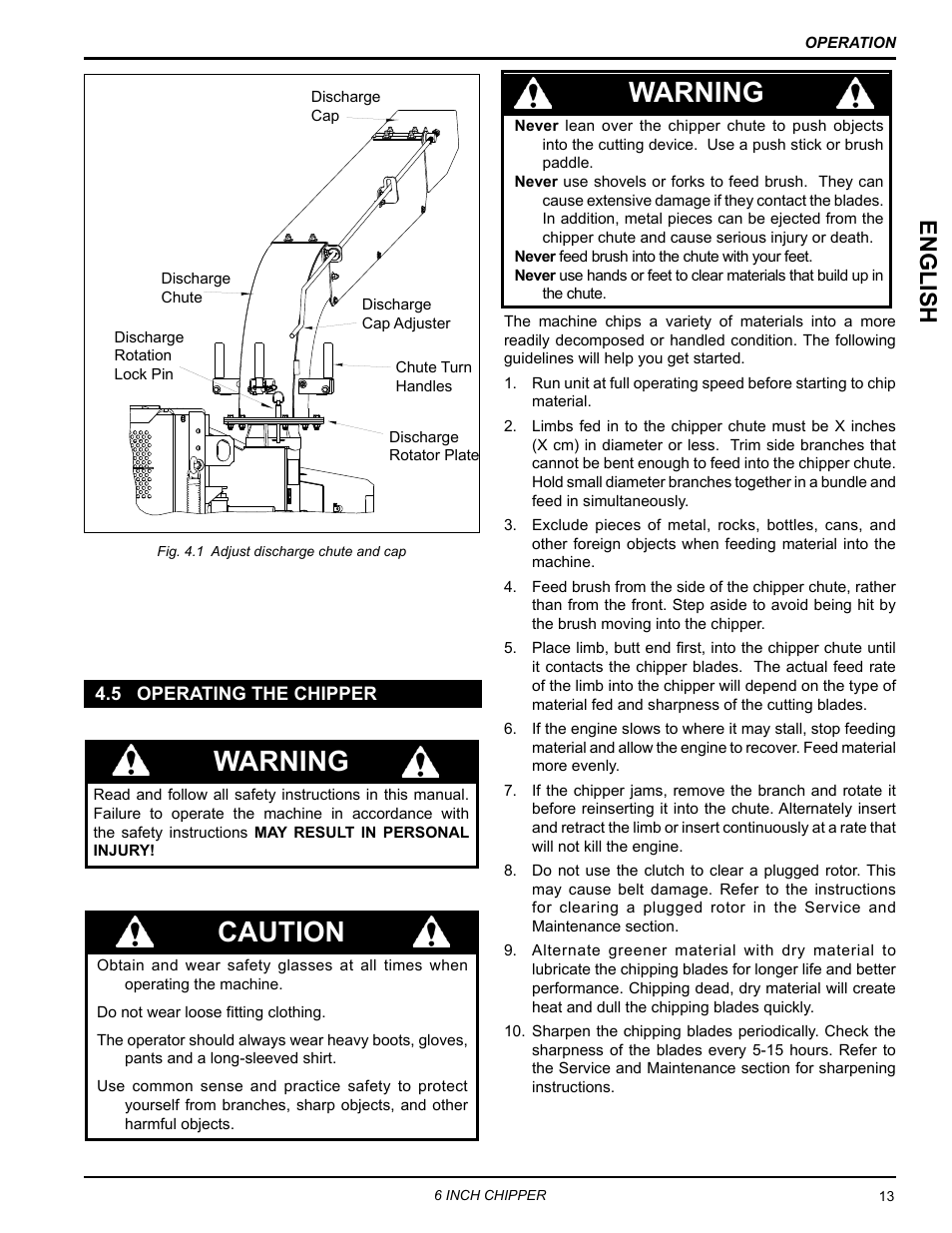 5 operating the chipper, Warning, Caution | English | Echo 76624 Owners Manual v.4 User Manual | Page 17 / 38