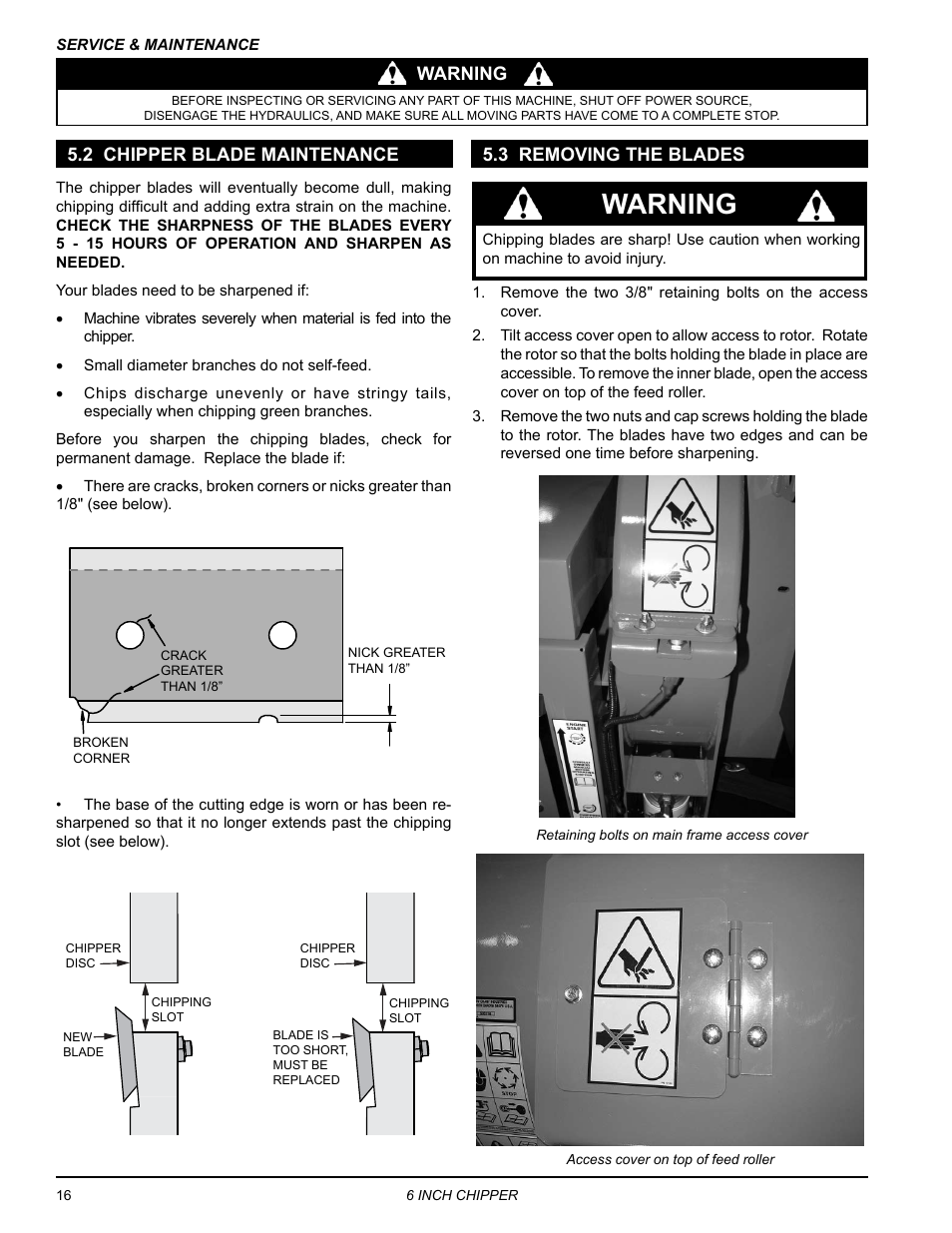 2 chipper blade maintenance, 3 removing the blades, Warning | Warning 5.2 chipper blade maintenance | Echo 76624 Owners Manual v.4 User Manual | Page 20 / 38