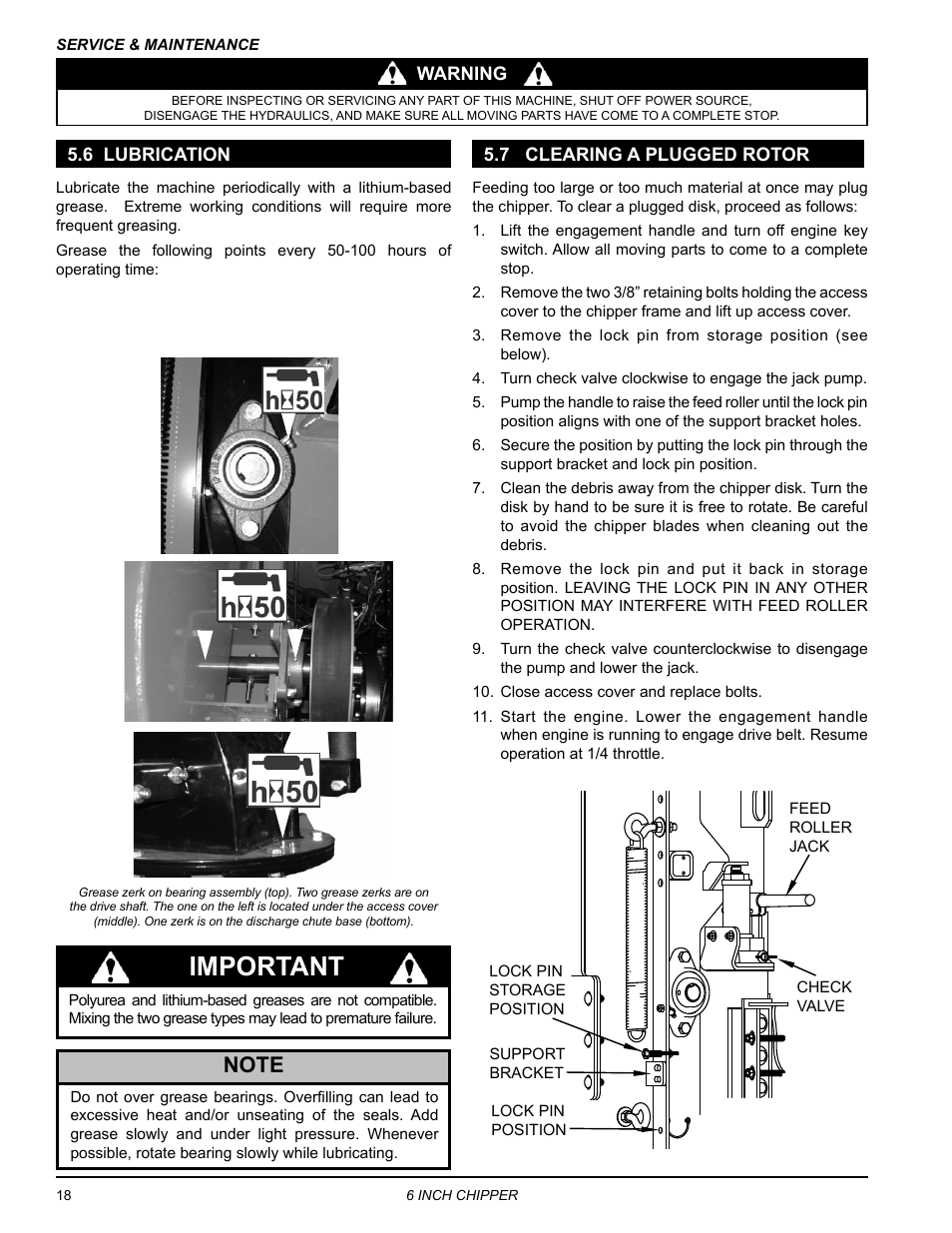 6 lubrication, 7 clearing a plugged rotor, 6 lubrication 5.7 clearing a plugged rotor | Important | Echo 76624 Owners Manual v.4 User Manual | Page 22 / 38