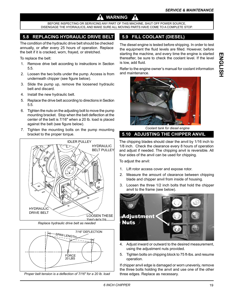 8 replacing hydraulic drive belt, 9 fill coolant (diesel), 10 adjusting the chipper anvil | English, Adjustment nuts | Echo 76624 Owners Manual v.4 User Manual | Page 23 / 38