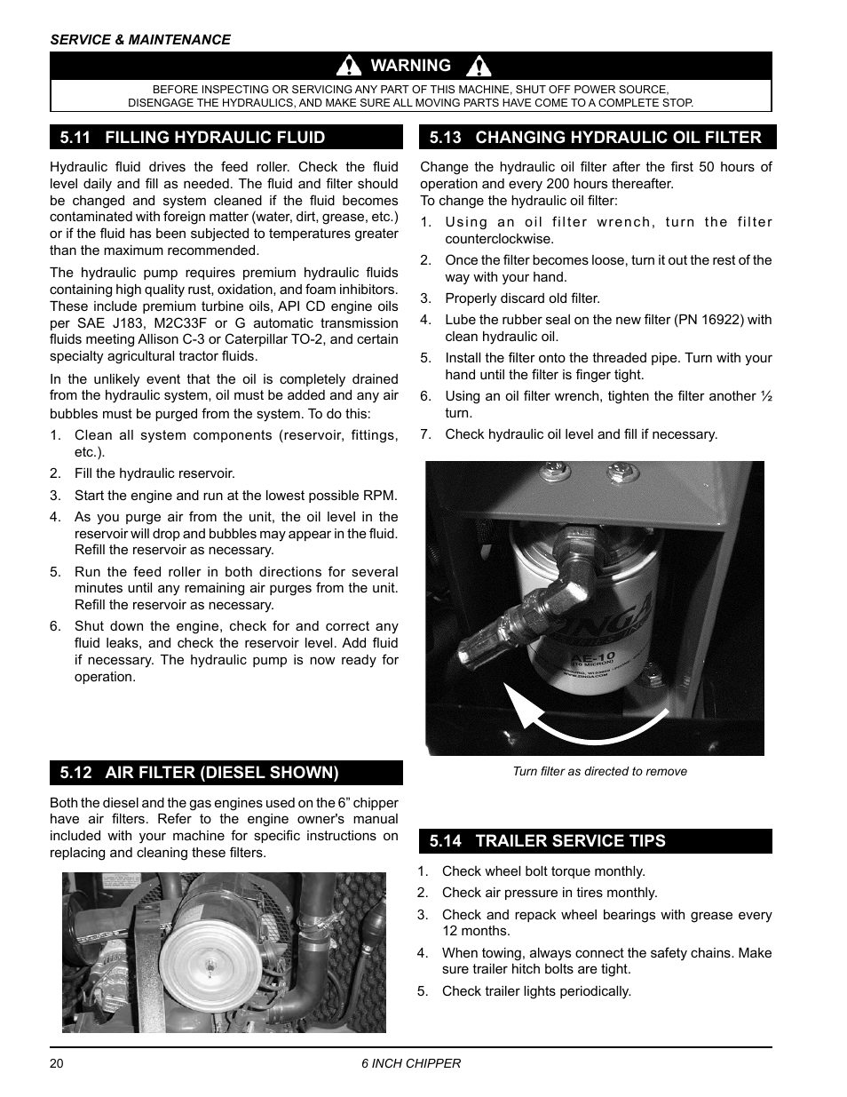 11 filling hydraulic fluid, 12 air filter (diesel shown), 13 changing hydraulic oil filter | 14 trailer service tips | Echo 76624 Owners Manual v.4 User Manual | Page 24 / 38