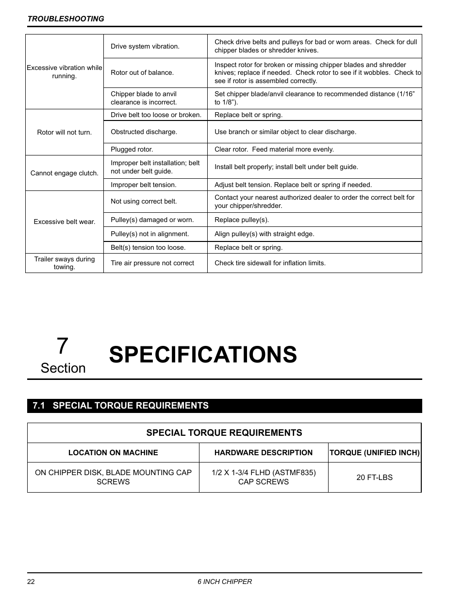 Specifications, 1 special torque requirements, Specifications 7 | Echo 76624 Owners Manual v.4 User Manual | Page 26 / 38