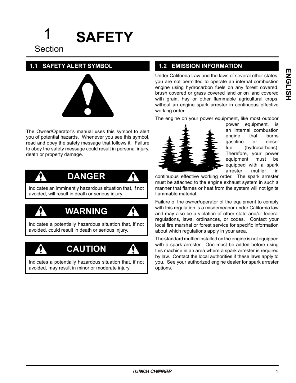 Safety, 1 safety alert symbol, 2 emission information | 1 safety alert symbol 1.2 emission information, Danger, Warning, Caution, English | Echo 76624 Owners Manual v.4 User Manual | Page 5 / 38
